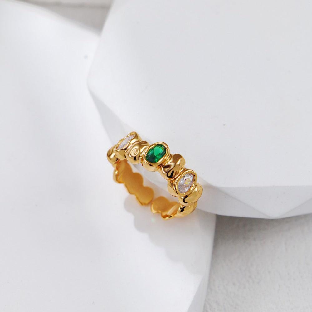 S925 Silver Bezel-Set Green & Clear Zircon Statement Open Ring