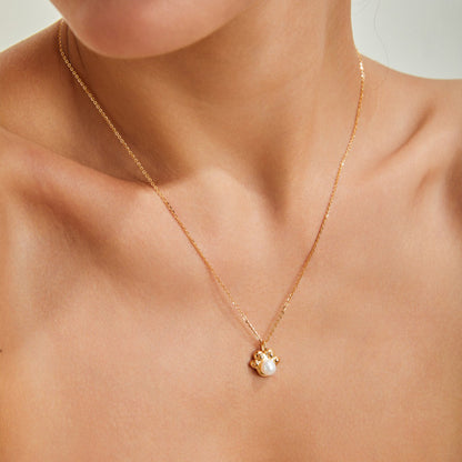 S925 Silver Cat Paw Pearl Pendant Necklace