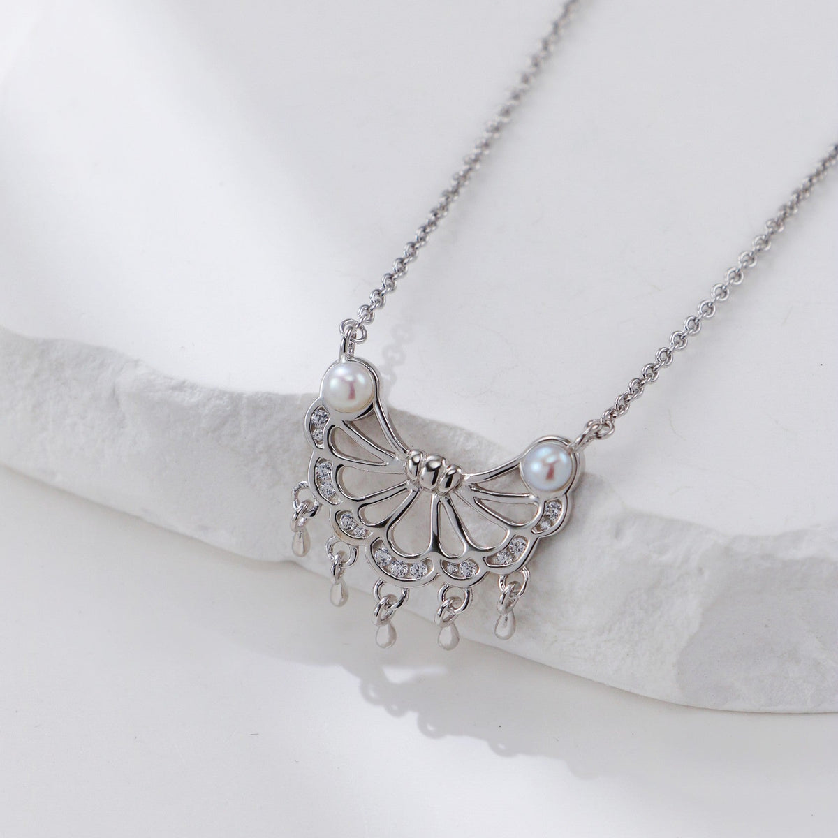 S925 Silver CZ Fan-Shape Pearl Drop Pendant Necklace