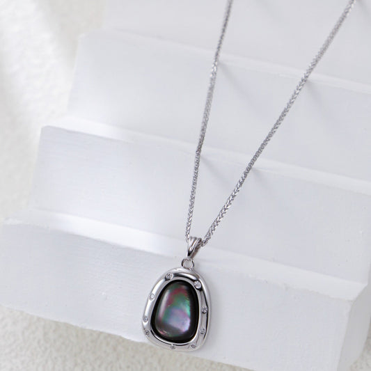 S925 Silver Abalone-Shell Teardrop Pendant Necklace with CZ Halo