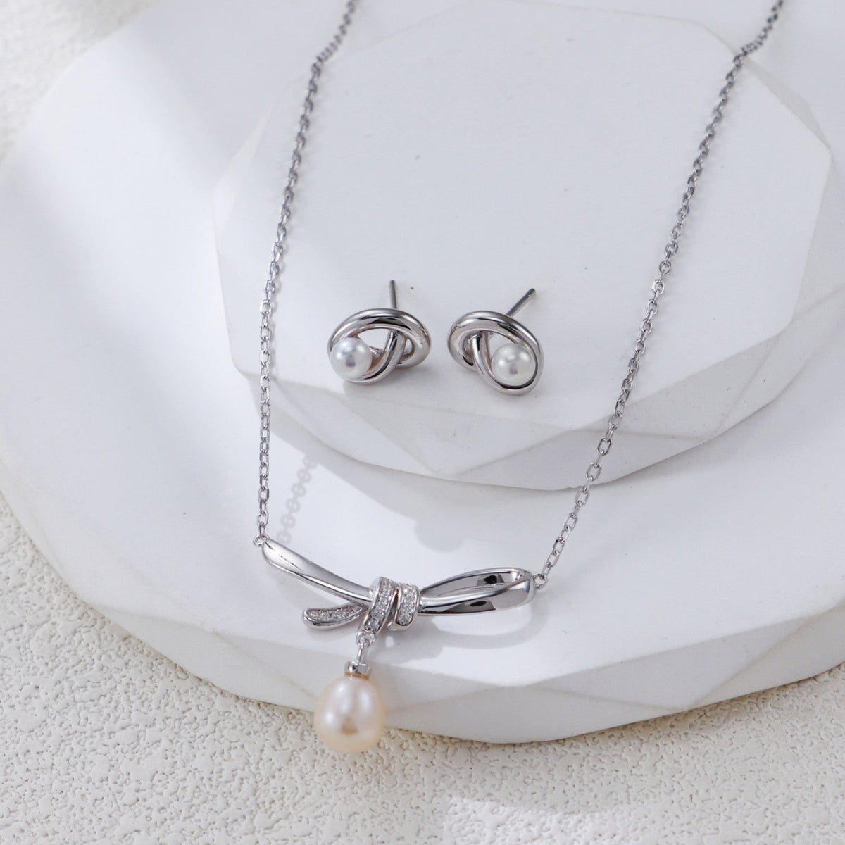 S925 Silver Bow-Knot Pearl Pendant Necklace & Stud Earrings Set