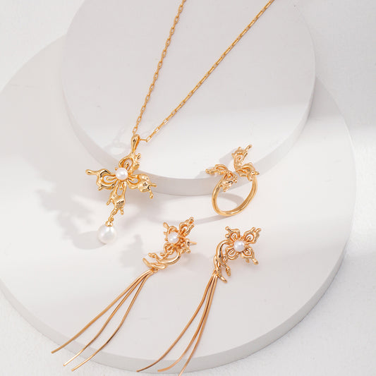 S925 Silver Fluid Phalaenopsis Orchid Open Ring & Earrings & Necklace Set