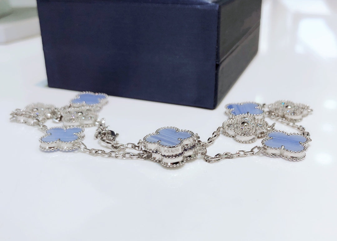 [Vicky]CLOVER 10 MOTIFS CHALCEDONY DIAMONDS SILVER NECKLACE