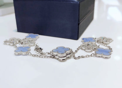 [Vicky]CLOVER 10 MOTIFS CHALCEDONY DIAMONDS SILVER NECKLACE